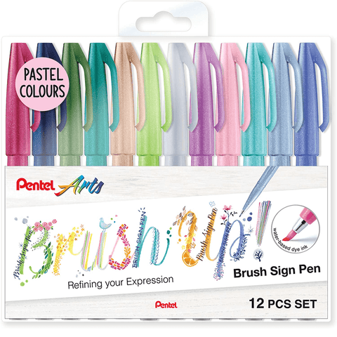 Pentel Arts Marker Brush Sign Pen Pastel Colours (Assorted) [Pack 12]