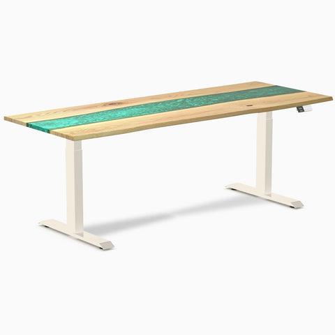 Desky Dual Resin Hardwood Sit Stand Desk 200cm White Ash Emerald River Desktop and Wheat Frame