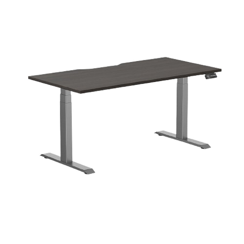 Desky Dual Scalloped Melamine Sit Stand Desk - Burnished Wood / 1500x750mm / Space Grey