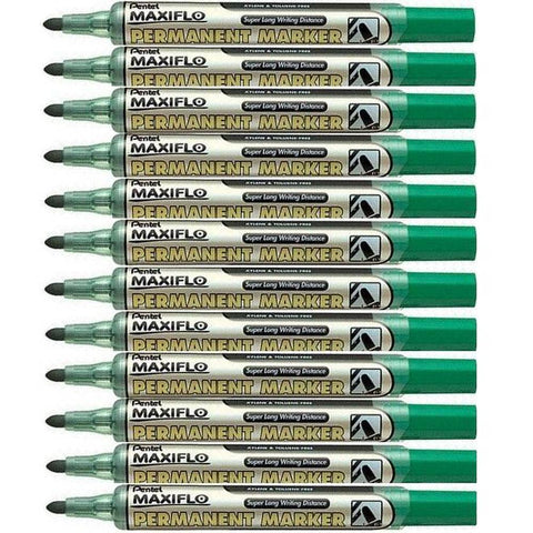 Pentel Box of 12 Maxiflo Permanent Marker Bullet Point (Green)