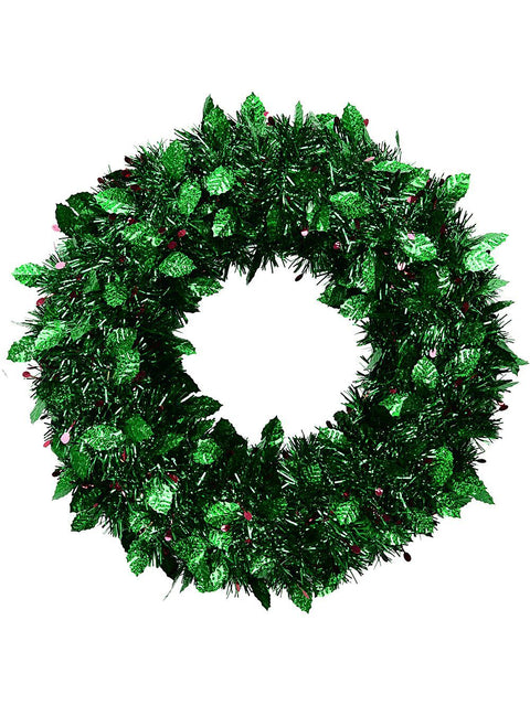 Christmas Warehouse - WRTH2601 42cm Holly Leaf & Berry Shimmer Tinsel Christmas Wreath Green with Red