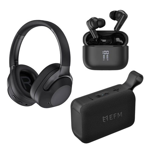 EFM Essential Audio Bundle Trio with Bluetooth Speaker, Headphones and TWS Earbuds (Black)