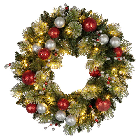 Christabelle 61cm Christmas Wreath with LED Lights Baubles Berries Red Silver Front Door Decoration