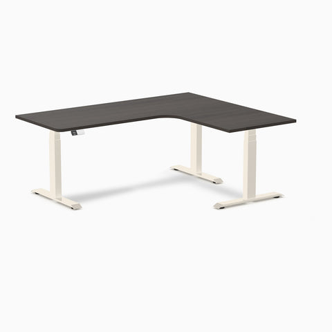 Desky L-Shape Melamine Sit Stand Desk 180cm - Right Return Burnished Wood Top and Wheat Leg