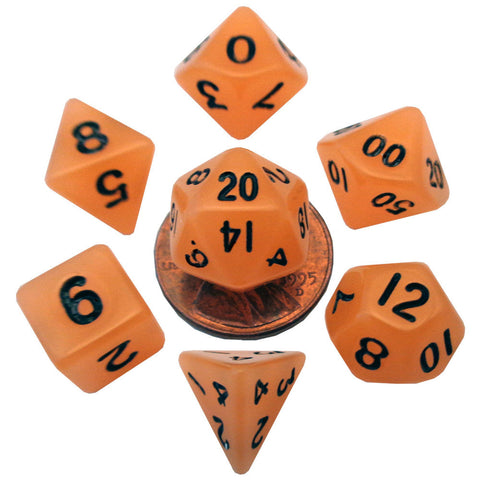 Fanroll By Metallic Dice Games Mini Glow in the Dark Polyhedral Dice Set Black Numbers- Glow Orange