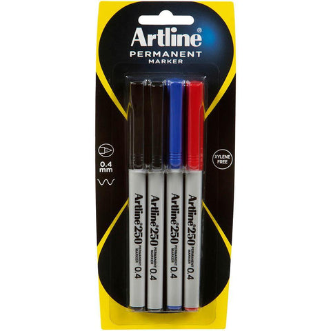 Artline 250 Pack 4 Permanent Marker 0.4mm Assorted Colours
