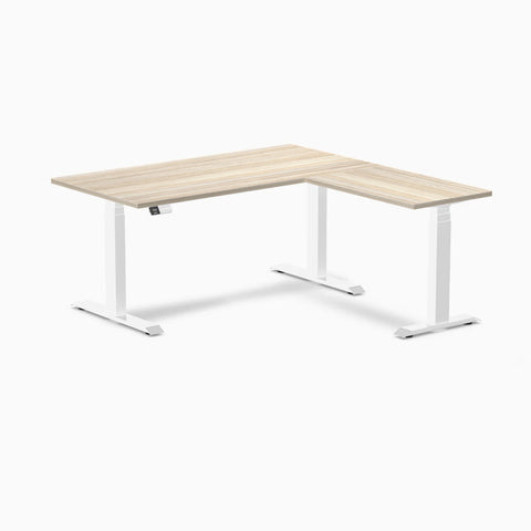 Desky Eco L-Shape Melamine Sit Stand Desk 150 x 155 cm Classic Oak Top and White Leg
