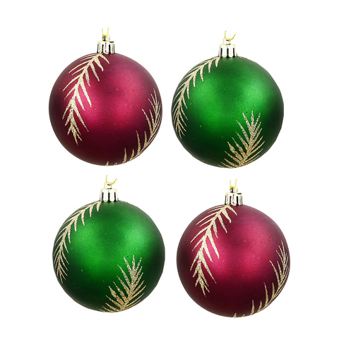 Christmas Warehouse - DECR2663 4x Heritage Burgundy & Emerald Signature Satin Botanical Fir Baubles 80mm