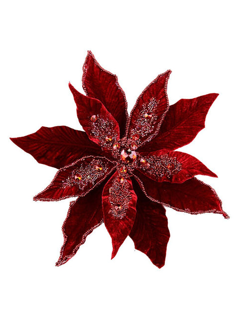 Christmas Warehouse - PICK2523 Maroon Poinsettia With Beads & Diamantes Christmas Tree Clip Pick | 32cm Maroon & Red