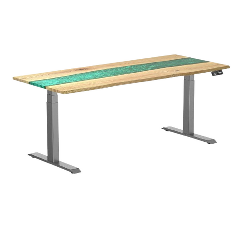 Desky Dual Resin Hardwood Sit Stand Desk 180cm White Ash Emerald River Desktop and Space Grey Frame