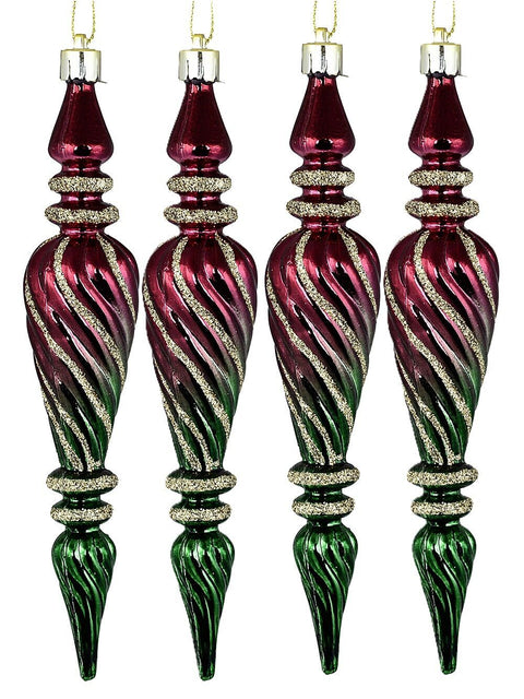Christmas Warehouse - DECRH085 6x Red & Green Lustrous Signature Textured Icicle Finial Drop | 18cm Red & Green with Gold