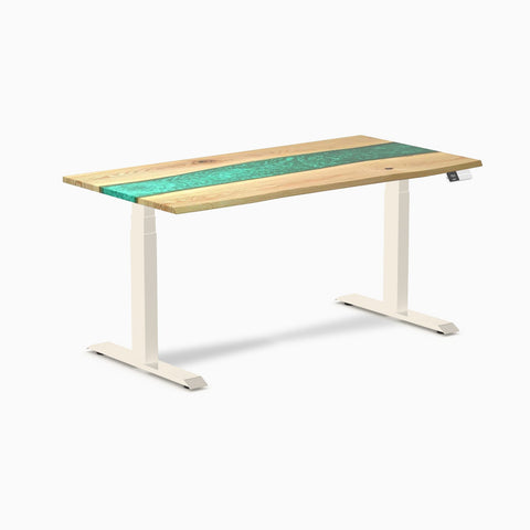 Desky Dual Resin Hardwood Sit Stand Desk 150cm White Ash Emerald River Desktop and Wheat Frame