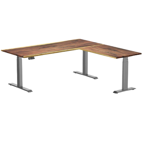 Desky Hardwood L-Shape Sit Stand Desk 180x175cm Saman and Space Grey Leg