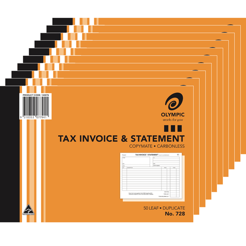 Olympic 10 Pack 728 Duplicate Tax Invoice & Statement Book 50 Leaf Bulk