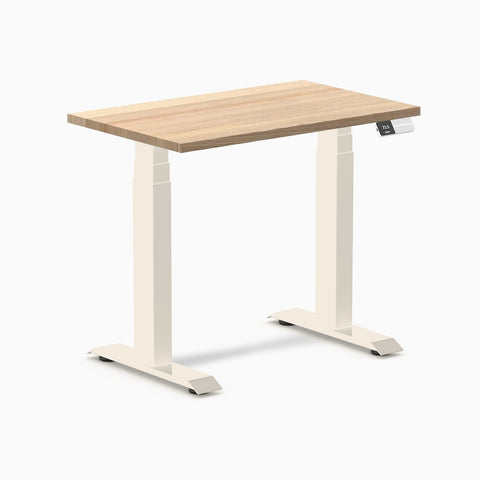 Desky Dual Mini Hardwood Sit Stand Desk 80cm White Ash Desktop and Wheat Frame