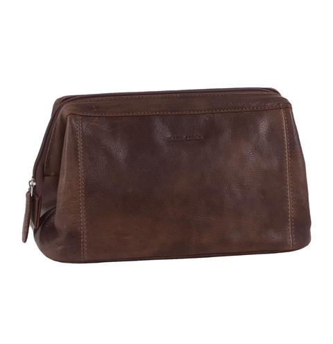 Pierre Cardin Mens Rustic Leather Toiletry Case Bag Travel - Chocolate