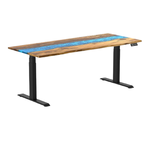 Desky Dual Resin Hardwood Sit Stand Desk 180cm Teak Blue River Desktop and Matte Black Frame