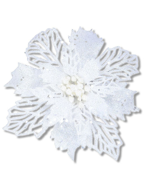 Christmas Warehouse - PICK2033 White Iridescent Glitter Poinsettia Bract & Leaf Christmas Clip Pick | 18cm White with Iridescent