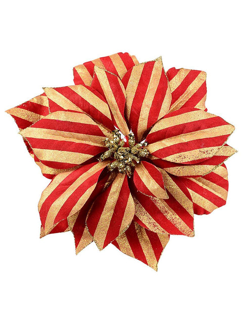 Christmas Warehouse - PICK2501 Red & Gold Glitter Stripe Poinsettia Christmas Tree Clip Pick | 22cm Red & Gold
