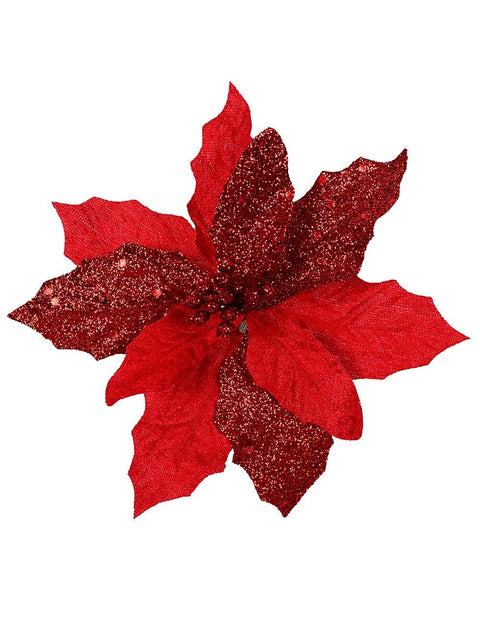 Christmas Warehouse - PICK1527 Red Fabric & Glitter Bracts Poinsettia Christmas Tree Stem Pick | 15cm Red