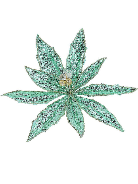 Christmas Warehouse - PICK2512 Mint Green Sequins On Mesh Poinsettia Christmas Tree Clip Pick | 30cm Mint Green with Silver