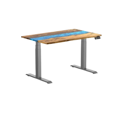 Desky Dual Resin Hardwood Sit Stand Desk 120cm Teak Blue River Desktop and Space Grey Frame