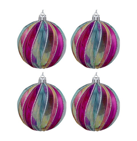 Christmas Warehouse - DECR2666 4x Whimsical Jewel Tone Iridescent Signature Spiral Silver Grid Baubles | 80mm Transparent Magenta, Teal & Golden Yellow