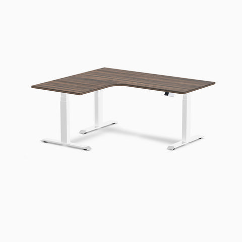 Desky L-Shape Melamine Sit Stand Desk 160cm - Left Return Jarrah Legno Top and White Leg