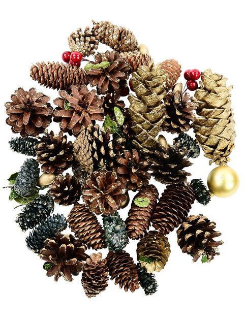 Christmas Warehouse - ORNMNT24 Natural Gold & Green Pinecone, Berry & Foliage Mix | 300g Brown & Green with Red