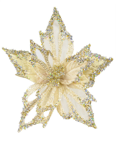 Christmas Warehouse - PICK1912 Soft Gold Poinsettia Christmas Tree Clip Pick With Diamantes | 23cm Soft Gold