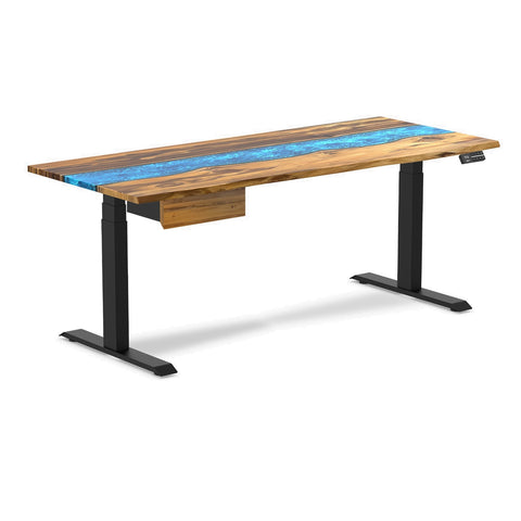 Desky Dual Resin Hardwood Standing Desk With Drawer 180cm Teak Blue River Desktop and Matte Black Frame