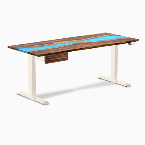 Desky Dual Resin Hardwood Standing Desk With Drawer 180cm Pheasantwood Blue River Desktop and Wheat Frame