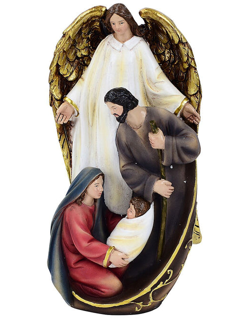 Christmas Warehouse - NATV7137 Angel Of Nativity & Holy Family Embossed Resin Ornament | 19cm White with Gold, Brown, Red & Blue