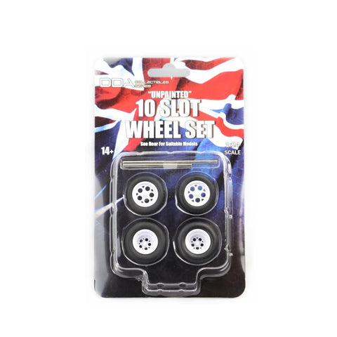 DDA 1:24 Set Of 4 x 10 Slot Unpainted Injected White Wheels With Tyres & Axles