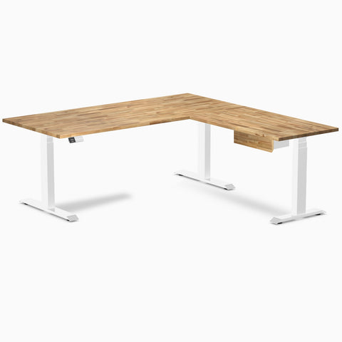 Desky Hardwood L-Shape Standing Desk With Drawer 180 x 175 cm Teak Top and White Leg