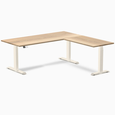 Desky Hardwood L-Shape Sit Stand Desk 180 x 175 cm White Ash / Wheat Top and Wheat Leg