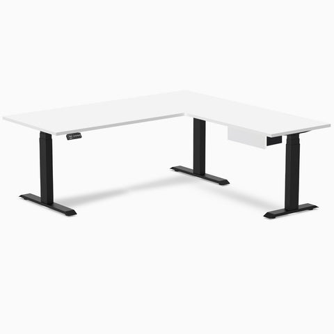 Desky Eco L-Shape Melamine Standing Desk With Drawer 180 x 175 cm White Top and Matte Black Leg
