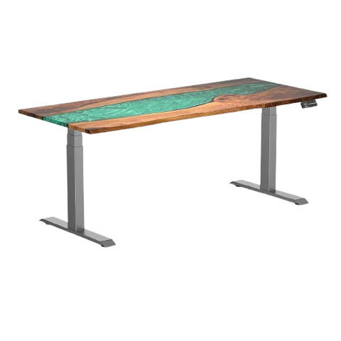Desky Dual Resin Hardwood Sit Stand Desk 180cm Natural Walnut Emerald River Desktop and Space Grey Frame