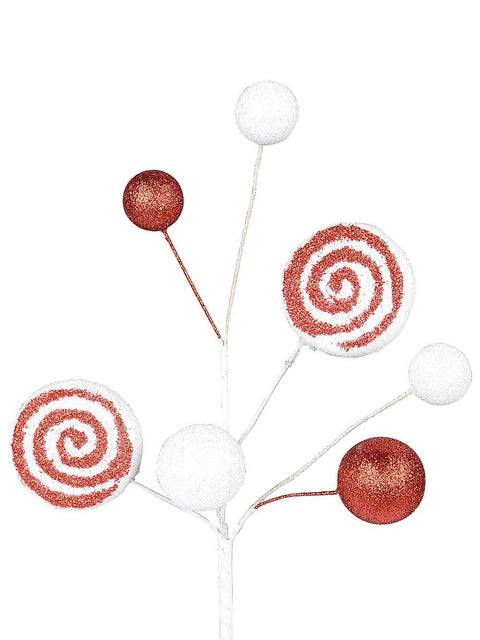 Christmas Warehouse - PICK2213 Red & White Candy Cane Swirls & Balls Christmas Tree Clip Pick | 28cm Red & White