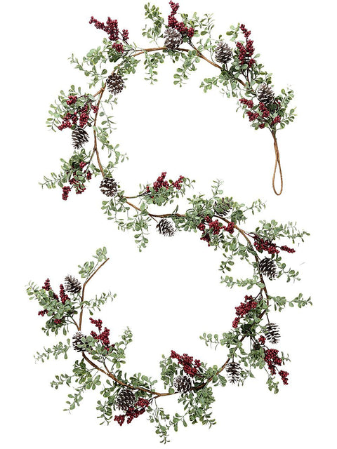 Christmas Warehouse - GARL2606 2.7m Boxwood & Red Berry Christmas Vine Garland | Snow Tipped Pine Cones Green with Red & Natural