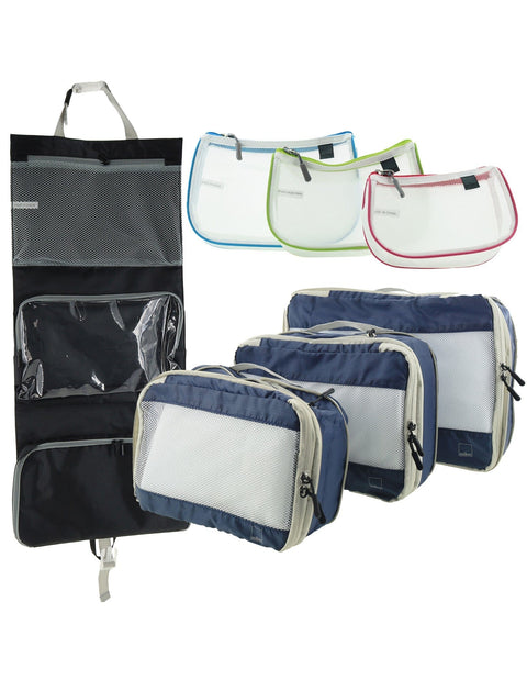 Milleni 7-Piece Travel Toiletry & Cosmetics Bag Set with Packing Cubes (Black)