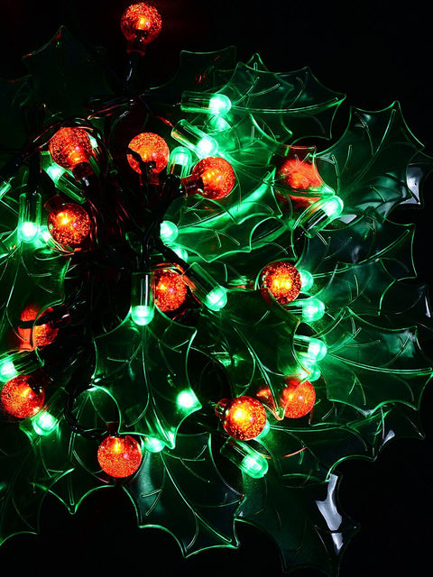 Christmas Warehouse - LITEFR25 120 Green & Red LED With Holly Leaf & Berries 8 Function | 2.9m Green & Red