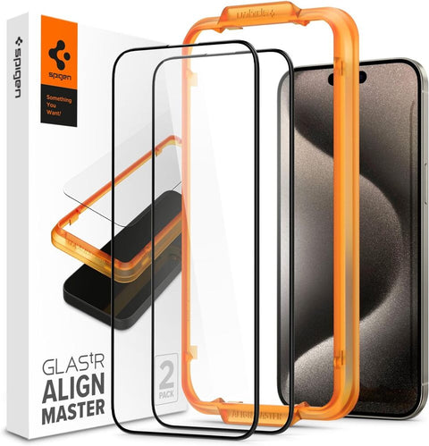 Spigen Apple iPhone 15 Pro Max AlignMaster GLAS.tR Full Cover 2PCS Glass Screen Protector - Black