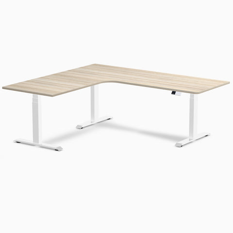 Desky L-Shape Melamine Sit Stand Desk 200cm - Left Return Classic Oak Top and White Leg