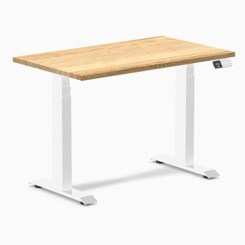 Desky Dual Mini Hardwood Sit Stand Desk 100cm White Oak Desktop and White Frame