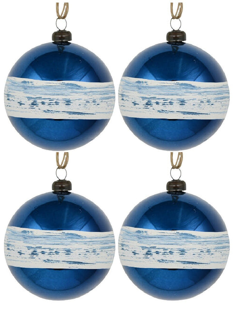 Christmas Warehouse - DECR7130 4x Dynamic Blue Statement Hand Painted Ribbon Stripe Baubles | 80mm Blue with Cream