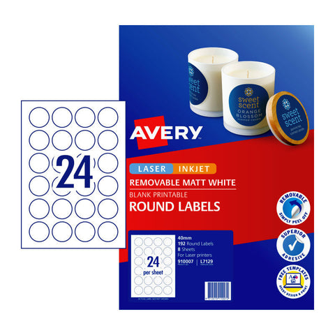 Avery Removable Matt Round Labels for Laser, Inkjet Printers, 40 mm diameter [192-Pieces]
