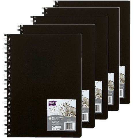 Derwent 5 Pack Academy Visual Art Diary Portrait 120 Pages A4 Black Hard Cover