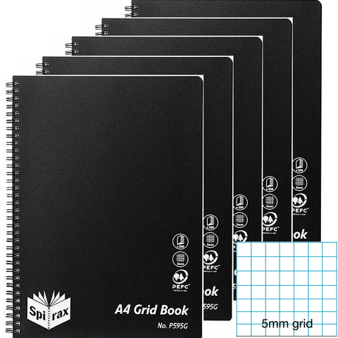 Spirax 5 Pack P595G Grid Book 5mm Grid 200 Pages A4 Black