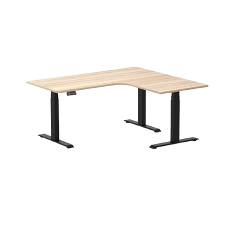 Desky L-Shape Melamine Sit Stand Desk 160cm - Right Return Classic Oak Top and Matte Black Leg